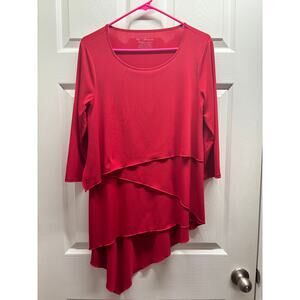 Chico's Size Small (0) Red Scoop Neck 3/4 Sleeve Asymmetric Hem Layered Top